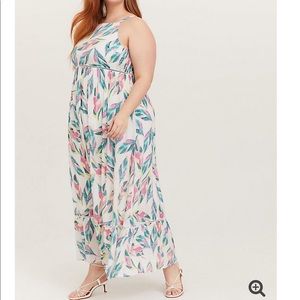 WHITE TROPICAL GAUZE SHIRRED HEM MAXI DRESS